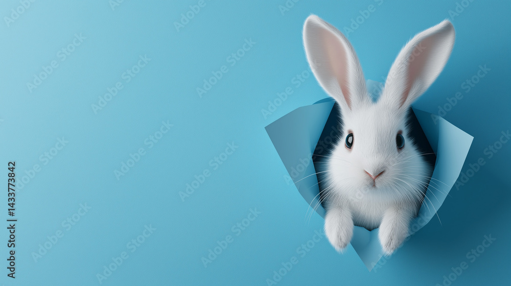 Obraz premium 3D rabbit head breaking through blue wall with copy space