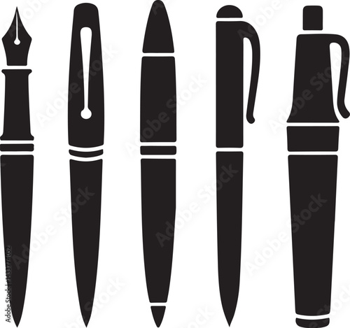 Collection of Five Different Pen Types Black Silhouettes