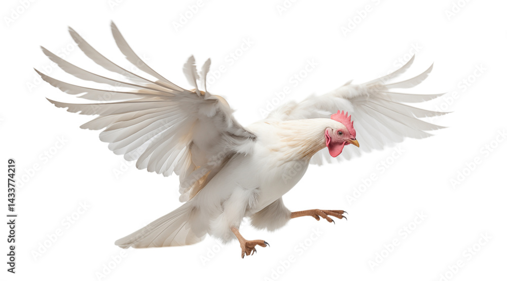Obraz premium A white chicken flapping its wings with a red comb in front of a transparent background in a studio shot png