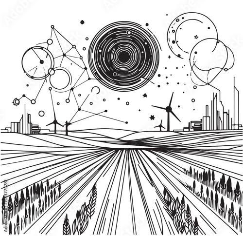 Black outlines Infrastructure fields and city illustration. Futuristic farm landscape