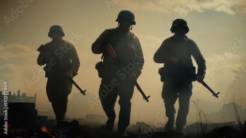 Intense depiction of soldiers advancing through smoke-filled battleground at golden hour