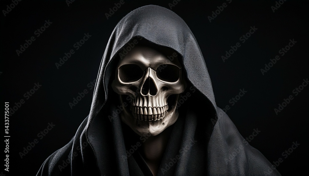 a skull wearing a hooded cloak on a black background a skull wearing a hooded cloak on a black background