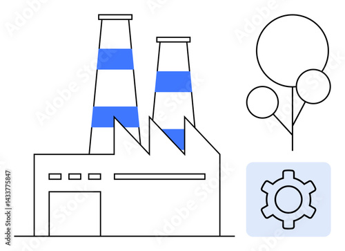 Factory structure with blue-striped chimneys, abstract tree symbol, and gear for industry and technology. Ideal for manufacturing, industry, innovation, sustainability, environment, production