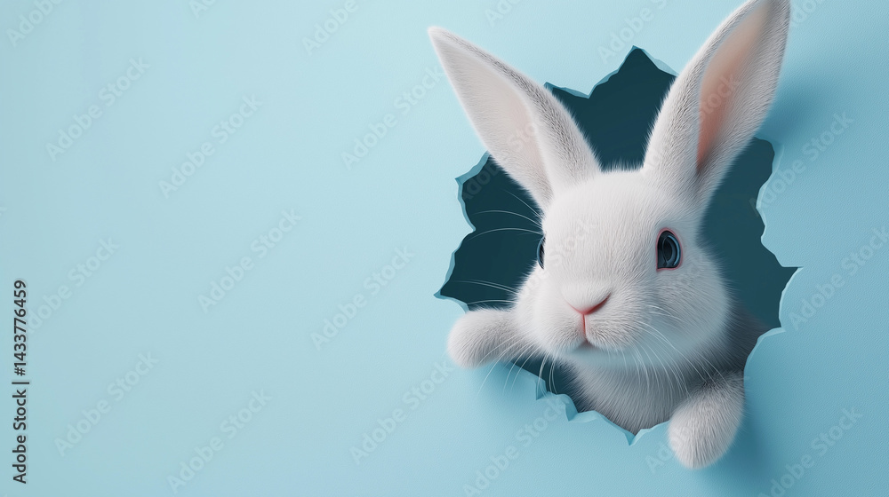 Obraz premium 3D rabbit head breaking through blue wall with copy space