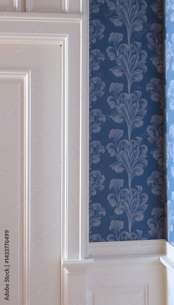 Fototapeta premium White wood trim and blue wallpaper, detailed. White tone