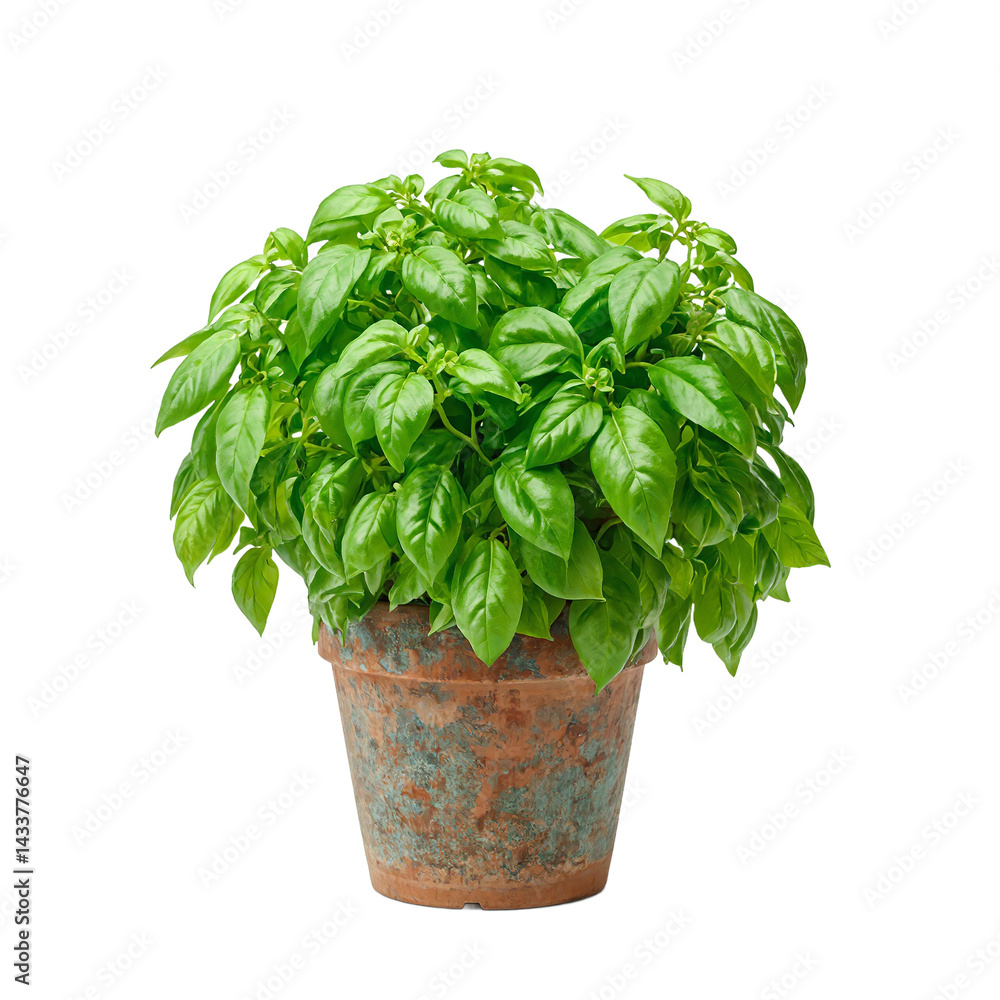 Naklejka premium Isolated bright green basil plant in rustic pot for vibrant culinary concepts