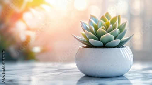 Green Succulent in White Pot on Marble Surface