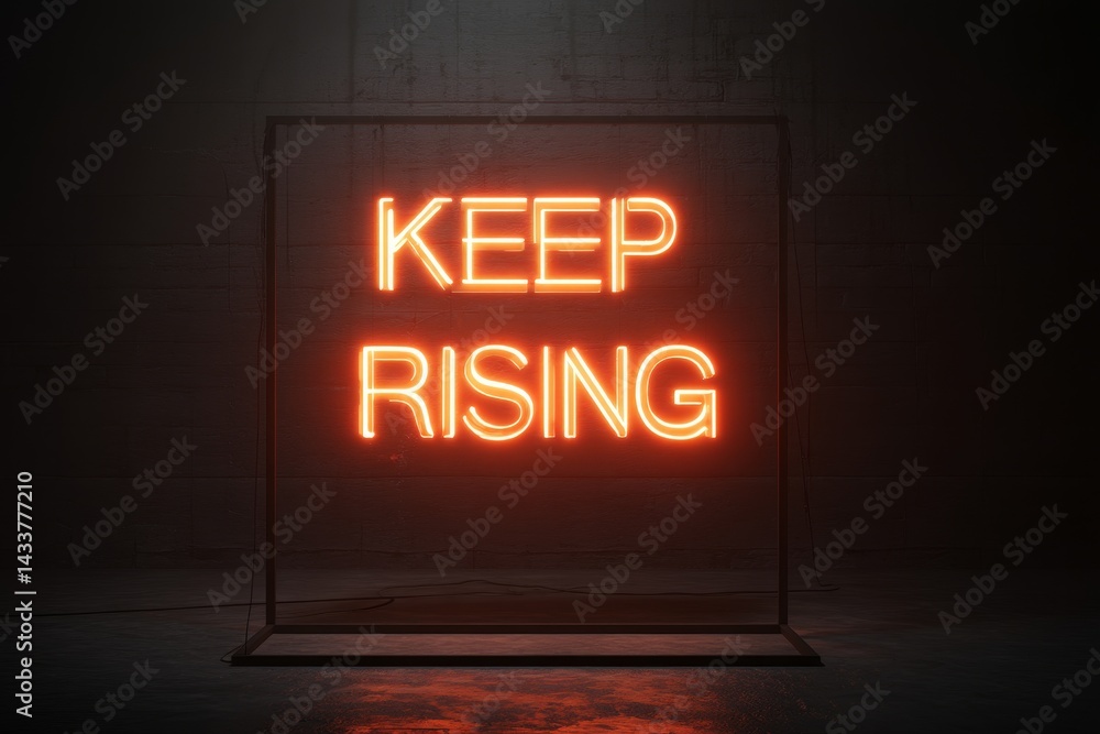 Bright neon sign with the words keep rising glowing in an urban underground setting at night Bright neon sign with the words keep rising glowing in an urban underground setting at night