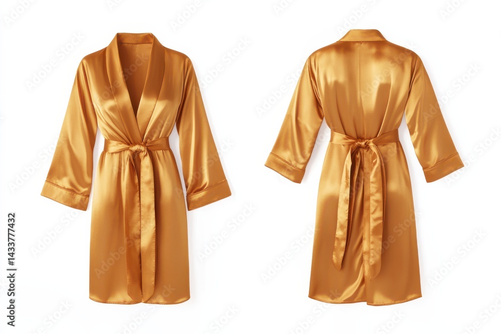 Obraz premium Elegant golden-hued robe, tied at the waist, exudes comfort. Shown in front and back views, it's perfect for luxurious relaxation.