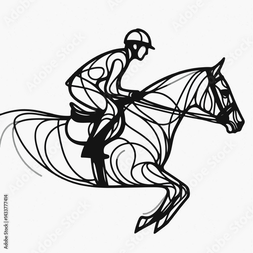 A dynamic illustration of a jockey and horse leaping, captured in a stylized line drawing.