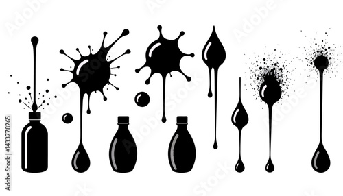 Black Ink Splatters and Liquid Drips_Vector Illustration of Paint Spill and Droplets_Grunge Design Elements for Creative Projects and Graphic Design_Artistic Inkblots