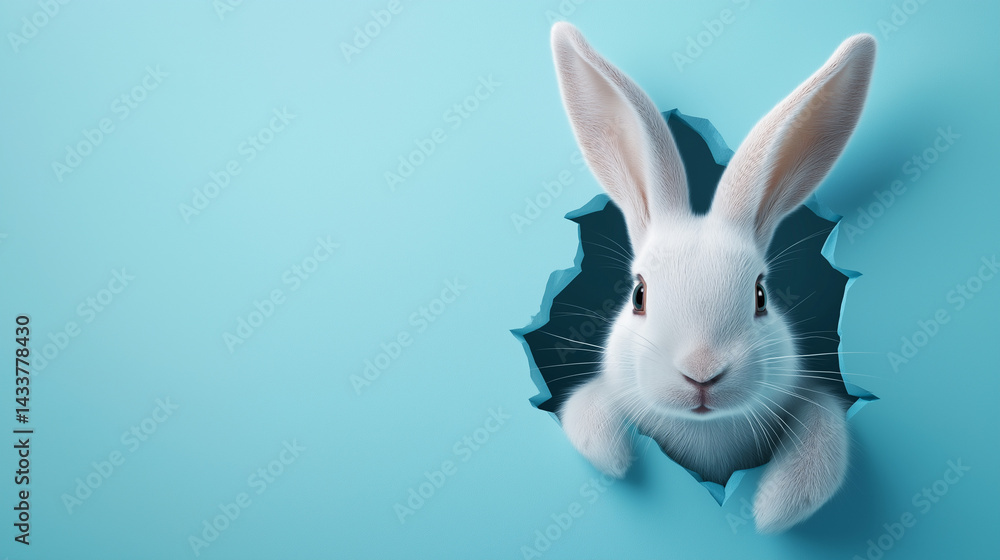 Obraz premium 3D rabbit head breaking through blue wall with copy space