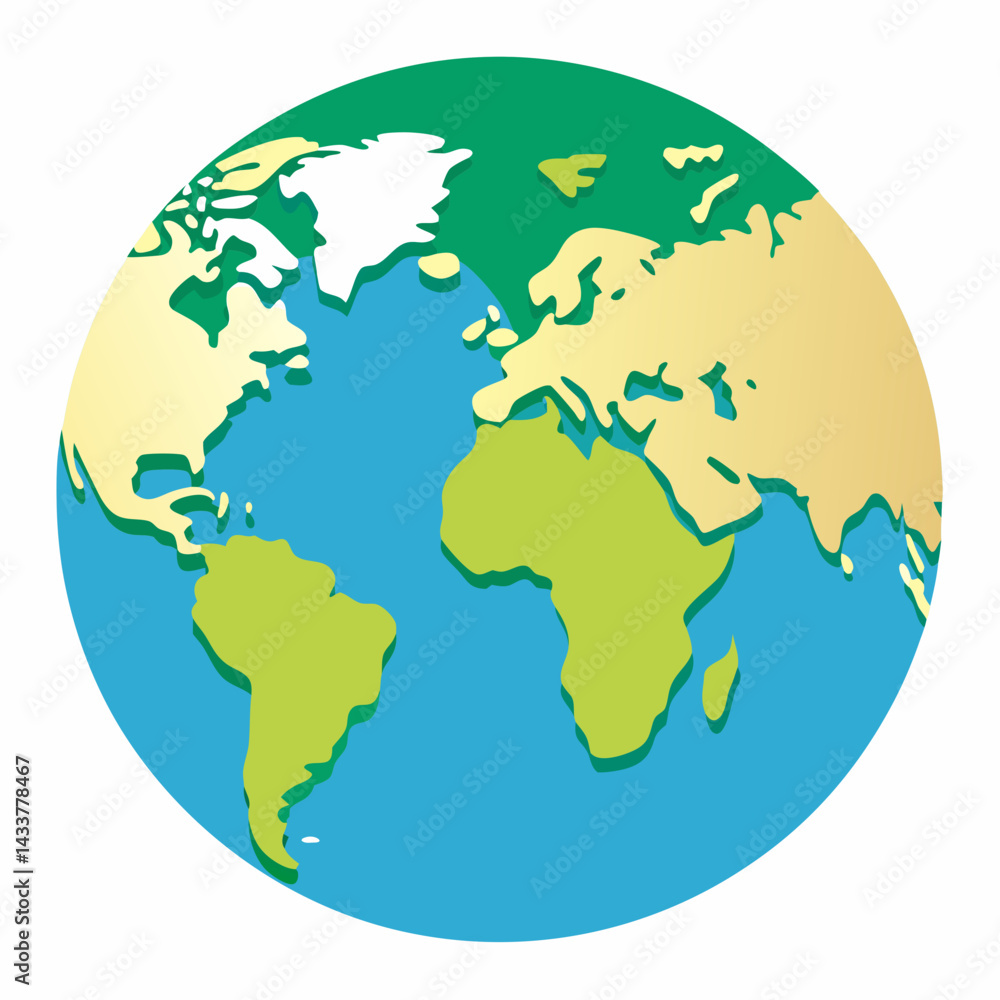 Illustrated World Globe Showing Continents In Shades Of Green Beige And Blue Illustrated World Globe Showing Continents In Shades Of Green Beige And Blue