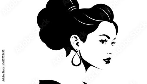 Elegant Woman Portrait Black and White Art Deco Style Illustration with Updo Hairstyle and Teardrop Earring Fashion Beauty Image_Vector Design_