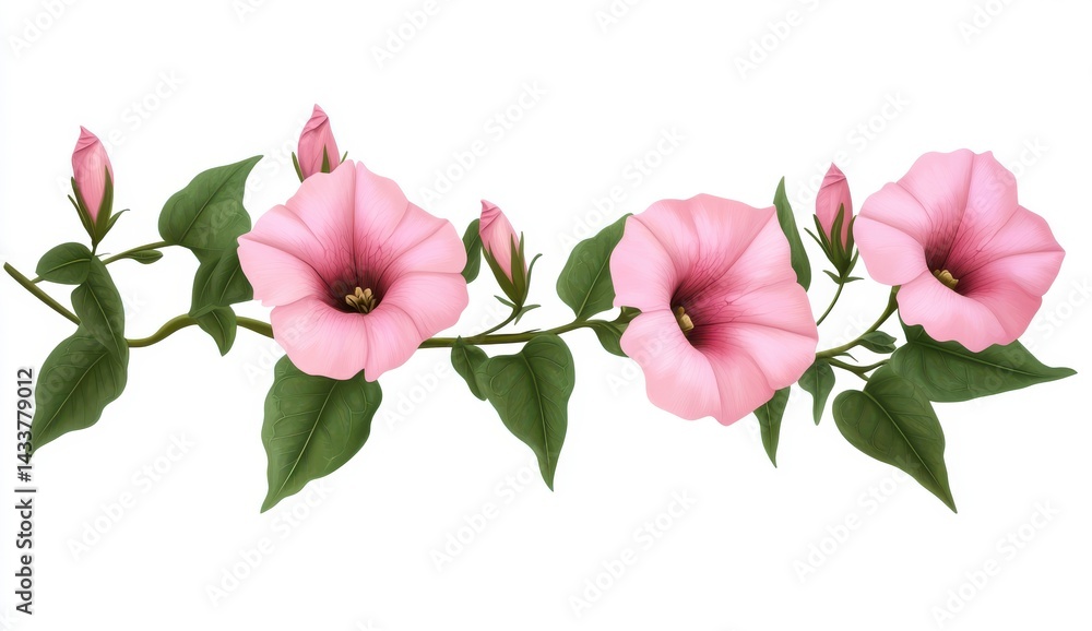 Fototapeta premium Delicate Pink Flower Vine with Lush Green Leaves