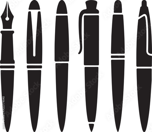 Collection of Six Different Pen Types Black Silhouettes