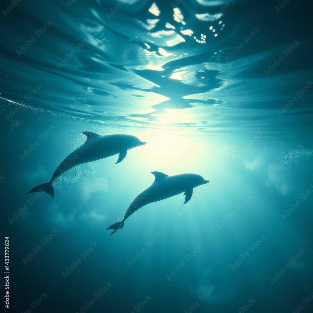 Fototapeta premium Oceanic Dolphins: Serene Underwater Silhouette