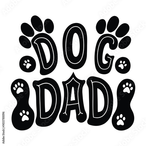 dog dad in a groove wavy font with paws and bone.