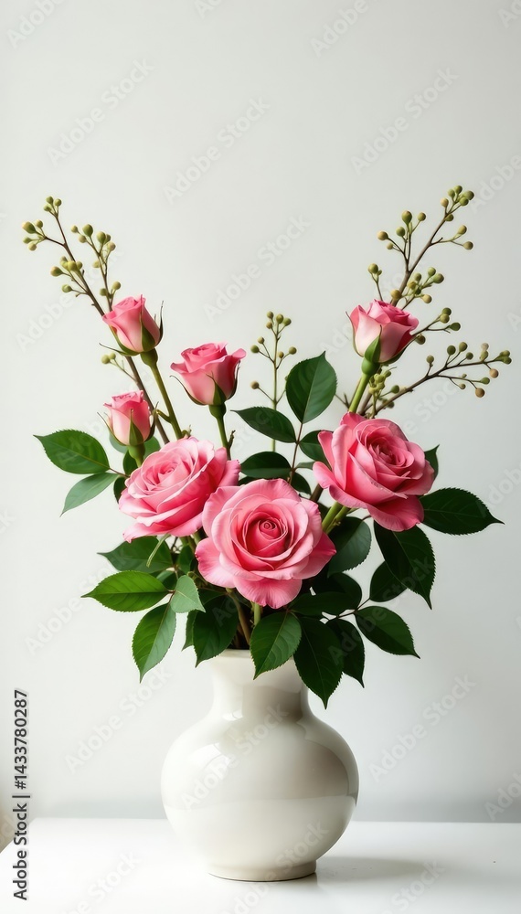 Branches with flowers and foliage in a vase against a white background, flower pot, roses, floral Branches with flowers and foliage in a vase against a white background, flower pot, roses, floral