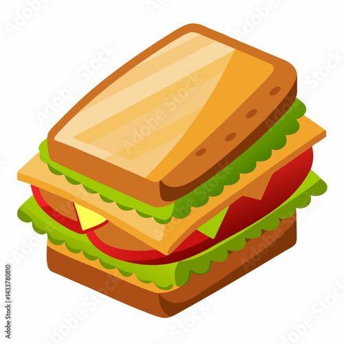 Isometric Vector Illustration Of Delicious Sandwich With Lettuce Tomato And Cheese