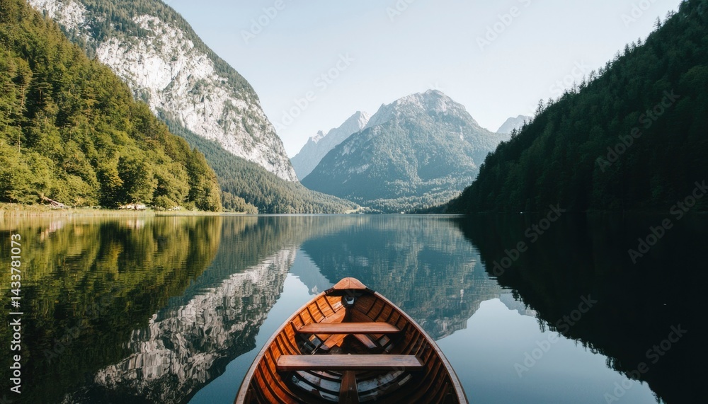 Serene lake boat view mountains Serene lake boat view mountains