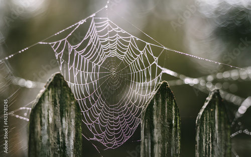Illustrate A Nature Macro Shot Of Dew-Covered Spiderweb On Weathered Fence