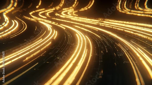 Glowing golden light trails and abstract curves create dynamic, futuristic motion effect with speed and energy, featuring vibrant, modern design and technology inspired patterns on dark background
