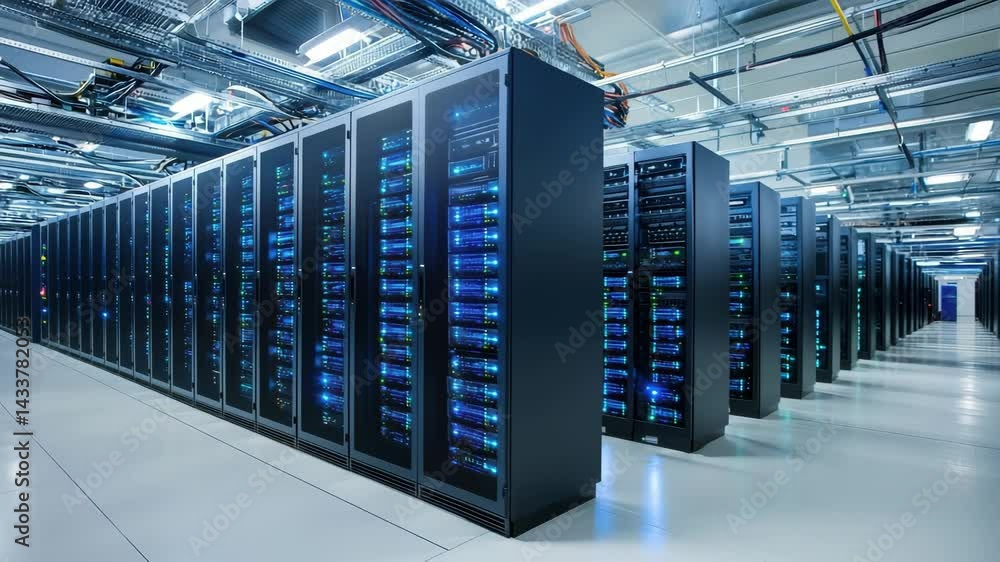 Modern data center with rows of illuminated server racks, advanced network cables, and bright lighting, showcasing high technology, secure infrastructure, high performance computing, digital storage