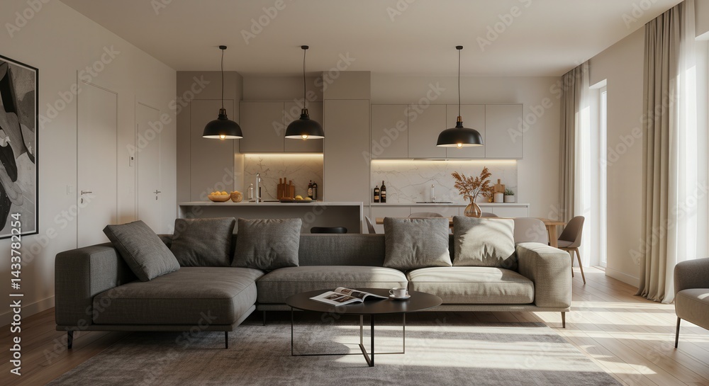 Fototapeta premium Living Room Interior Design with Sofa and Kitchen