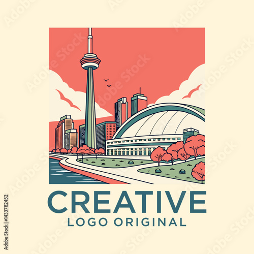 Vector illustration of Toronto, monochrome horizontal poster with linear design famous toronto city scape