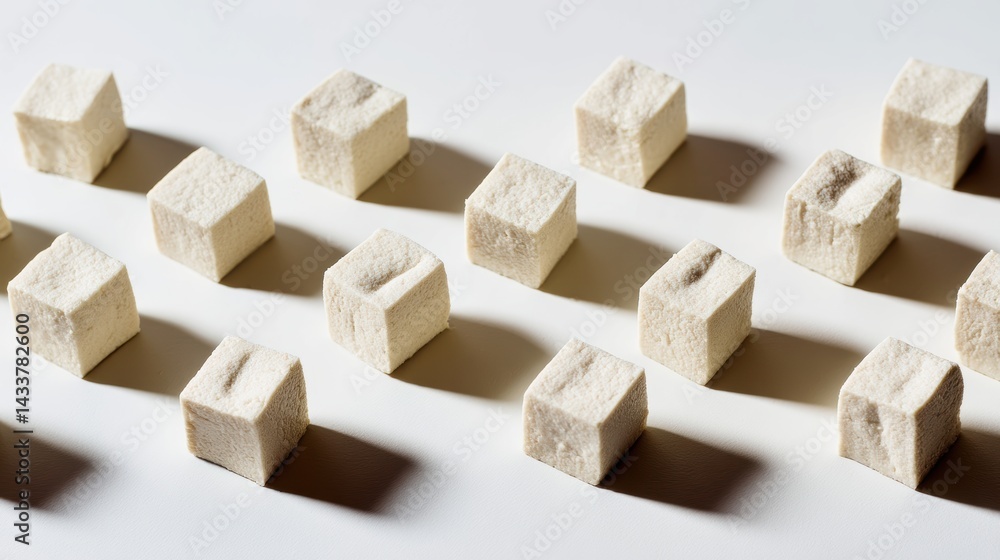 Fototapeta premium Sugar Cubes Arranged in a Linear Pattern on a Clean Surface with Soft Shadows