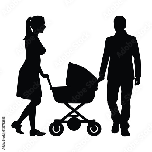 silhouette of couple with baby stroller.