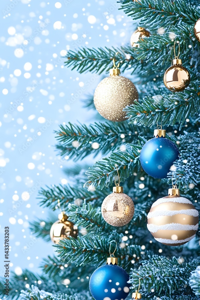 Obraz premium Frosty evergreen branches adorned with gold and blue ornaments against a snowy backdrop
