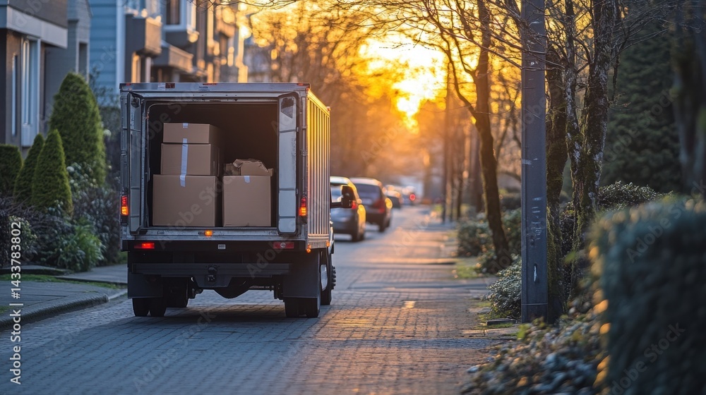 Obraz premium Small box truck with open doors ready for package loading at sidewalk curb