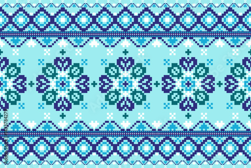 Traditional ethnic design featuring blue-toned geometric tribal patterns. Inspired by folk art and heritage textiles, this cultural fabric style is ideal for home decor, fashion, and accessories.