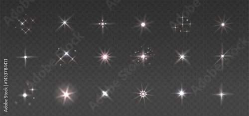 Sparkling warm white stars, flickering and flashing lights set. Collection of different light effects on dark background. Realistic vector illustration for overlay effect