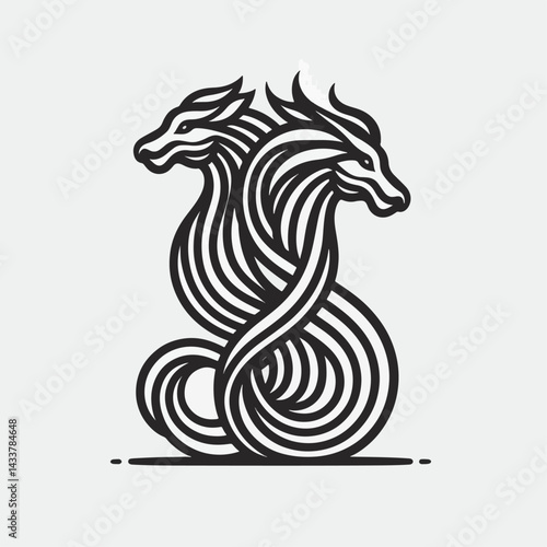 Wallpaper Mural A black and white graphic of two intertwined dragons in a linear style. Torontodigital.ca