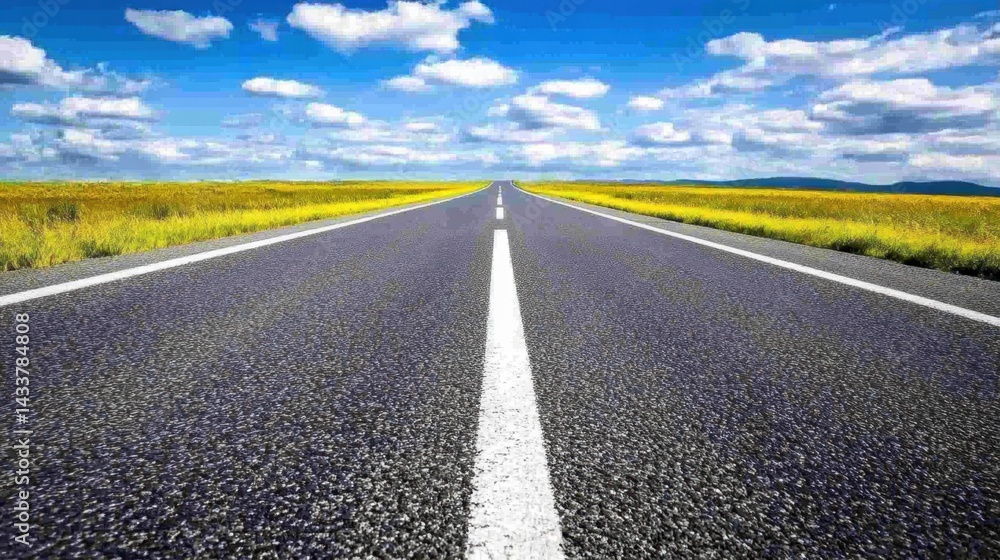 Naklejka premium Straight two-lane road in prairie landscape with single white dividing line