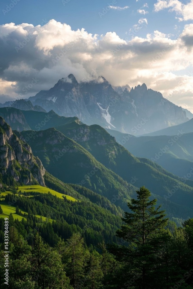Fototapeta premium mountains with a few trees and a few clouds in the sky