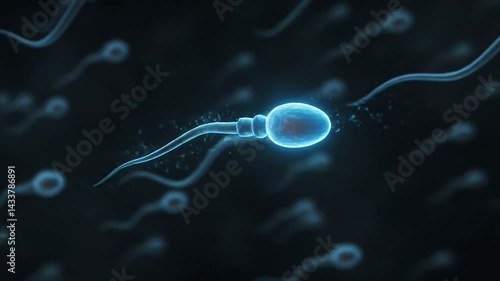 3D animation of multiple sperm cells swimming toward an egg cell, with one sperm making contact and starting fertilization. Realistic, educational medical motion graphics.