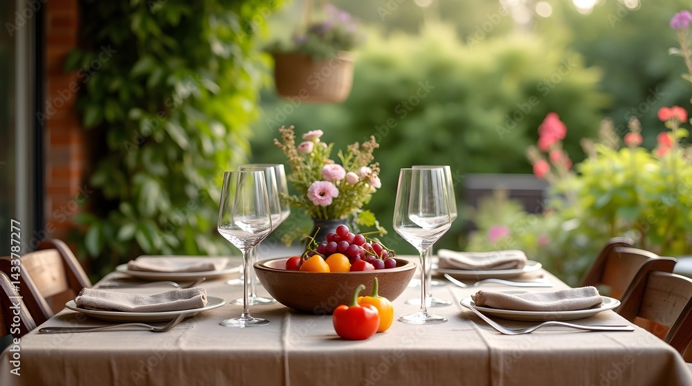 Fototapeta premium Cozy terrace and outdoor dining table with brown tablecloth, cutlery, glasses, napkins and crockery