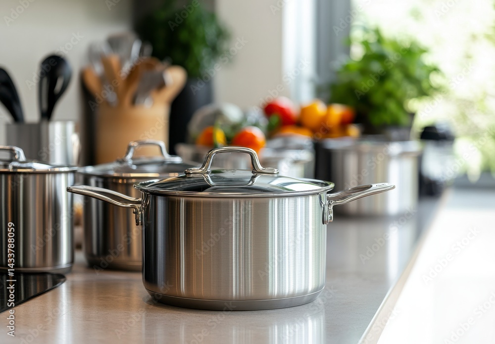 Gleaming Stainless Steel Pots and Pans in a Bright Modern Kitchen Gleaming Stainless Steel Pots and Pans in a Bright Modern Kitchen