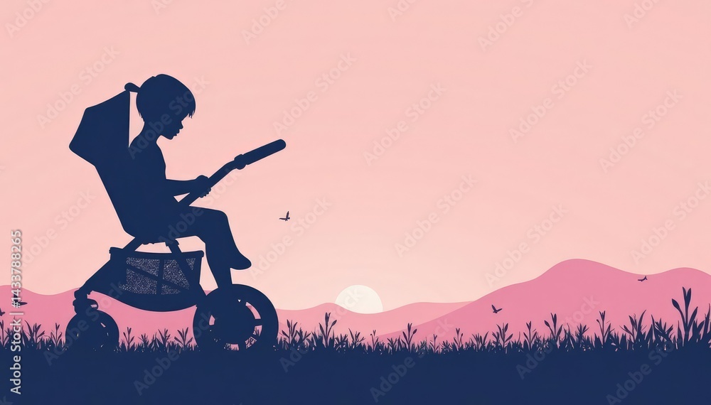 Fototapeta premium Subtle stroller silhouette repeat on pastel background, kids, child