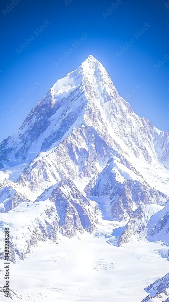 Obraz premium Majestic snow-capped peak under a vibrant blue sky Glaciers and rocky slopes extend down from the summit