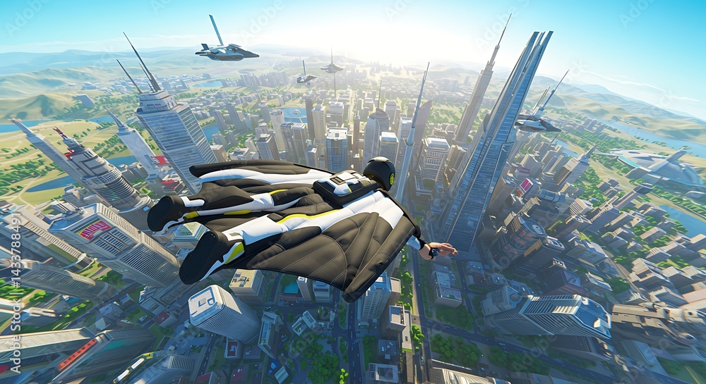 Naklejka premium Wingsuit Flight Over City with Aircraft