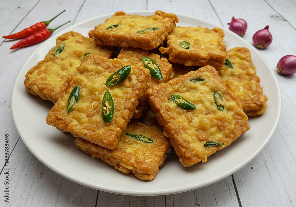 a plate filled with golden-brown fried tempeh pieces, known as a plate filled with golden-brown fried tempeh pieces, known as