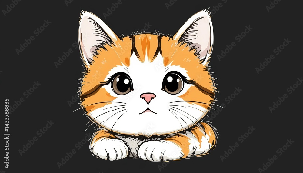 Fototapeta premium Adorable Cartoon Cat Drawing: Cute Orange & White Feline with Big Eyes & Pink Nose, Whimsical Pet Art for Kids & Animal Lovers, 32k Resolution