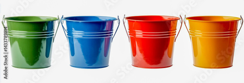 Colorful metal buckets a collection a white background