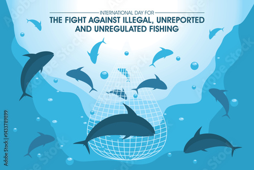 Stop illegal fishing. Vector illustration of fish caught in a large fishing net in the ocean, symbolizing global awareness to end illegal, unreported, and unregulated fishing activities.