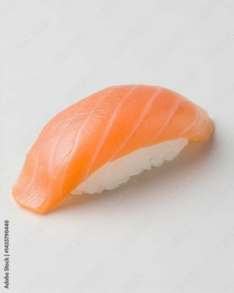 A single piece of salmon nigiri, showcasing vibrant orange fish atop a bed of white rice A single piece of salmon nigiri, showcasing vibrant orange fish atop a bed of white rice